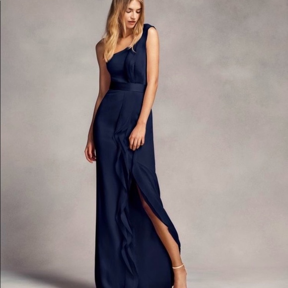 White by Vera Wang Navy Bridesmaid One Shoulder Chiffon Dress Style VW360274 - Picture 1 of 13